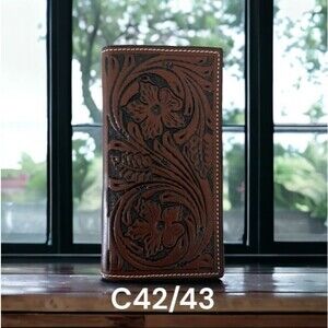 Country Western Ranger Walnut Brown Leather Bi-fold Rodeo Wallet Floral Tooled